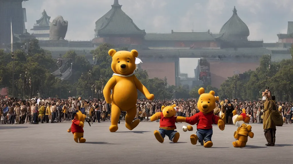 Image similar to giant winnie the pooh bear walking in the tiananmen square parade with tanks and icbm missiles. andreas achenbach, artgerm, mikko lagerstedt, zack snyder, tokujin yoshioka