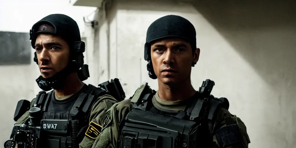 Image similar to vfx film, swat team squad crew, breach and clear, gang house, flat color profile low - key lighting award winning photography arri alexa cinematography, cinematic beautiful natural skin, famous face, atmospheric cool color - grade