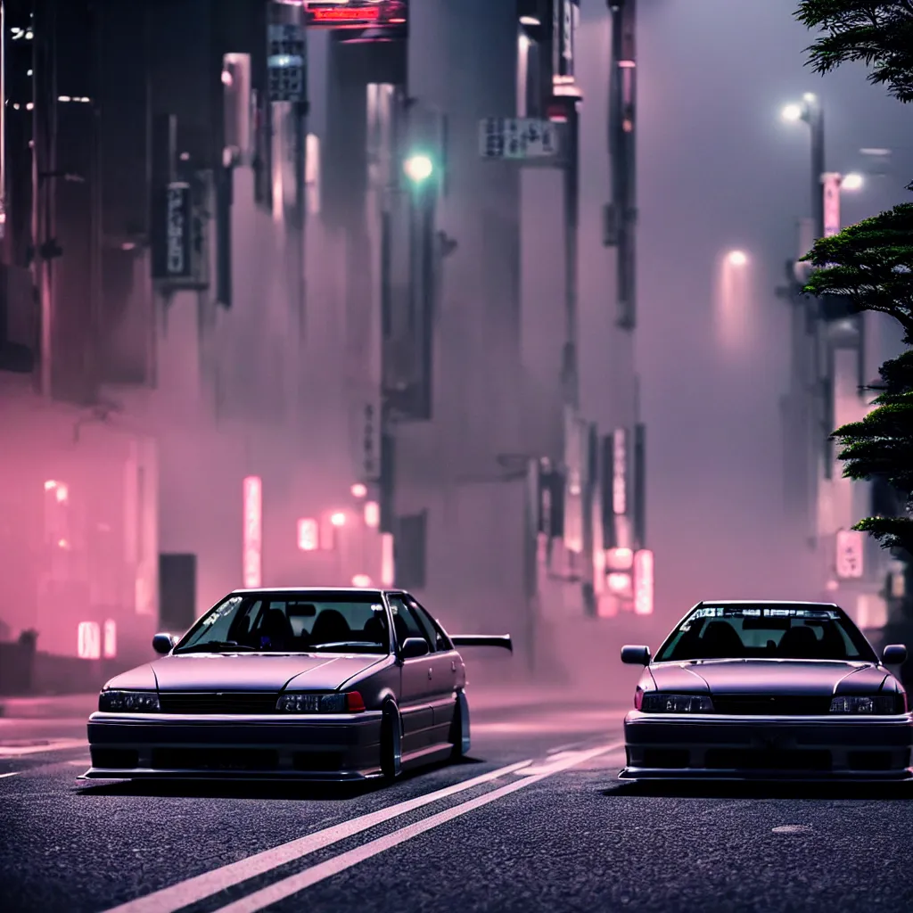 Prompt: a car JZX100 twin turbo drift in the road, Tokyo prefecture, Japanese architecture, city sunset mist lights, cinematic lighting, photorealistic, detailed alloy wheels, highly detailed, studio photo