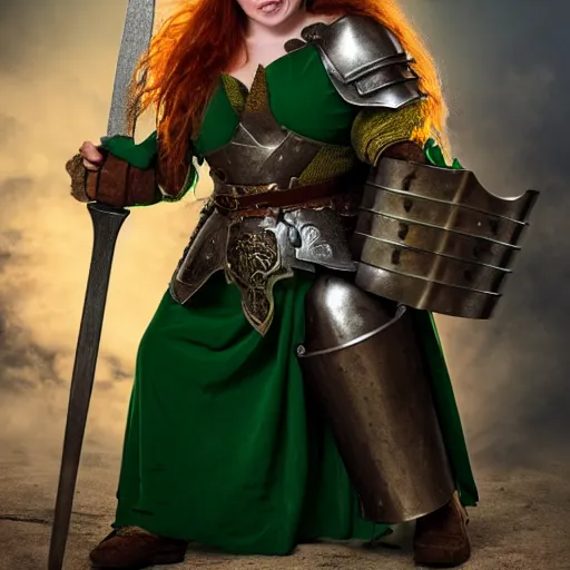 Image similar to dwarven woman, ginger hair, green eyes, holding hammer and shield with plate armour