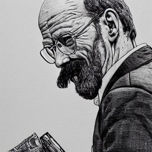 Image similar to The Artwork of R. Crumb and his Cheap Suit Breaking-Bad-Walter-White, pencil and colored marker artwork, trailer-trash lifestyle