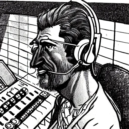 Image similar to drawn in the style of jean giraud!! rackham the red wearing headphones and speaking into big microphone, podcast studio