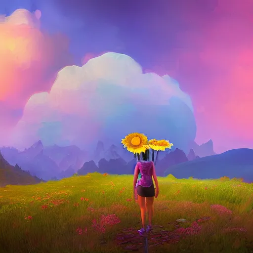 Image similar to giant daisy flower head, girl hiking in the mountains, surreal photography, sunrise, dramatic light, impressionist painting, colorful clouds, digital painting, artstation, simon stalenhag