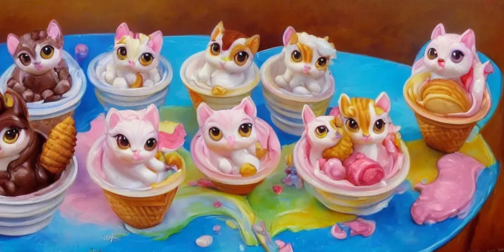 Image similar to ice cream made in the shape of 3 d littlest pet shop cats and dogs and squirrels, realistic, melting, soft painting, desserts with chocolate syrup, toppings, ice cream, master painter and art style of noel coypel, art of emile eisman - semenowsky, art of edouard bisson