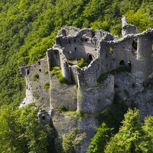 Image similar to photograph, a ruined castle on top of a big mountain, the photo was taken from very far away below the castke looking up at it, exteme far up, ultra high detail, 8 k