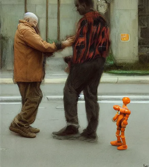 Image similar to : realistic photograph of an orange robot : helping an elderly man cross the street + by Edgar Maxence and Ross Tran