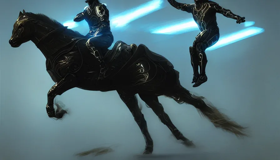 Image similar to tron legacy jesus riding cyborg horse, face, diffuse lighting, hyper realistic, concept art, intricate, hyper detailed, smooth, sharp focus, illustration, trending on artstation, art by greg rutkowski and james gurney and alphonse mucha