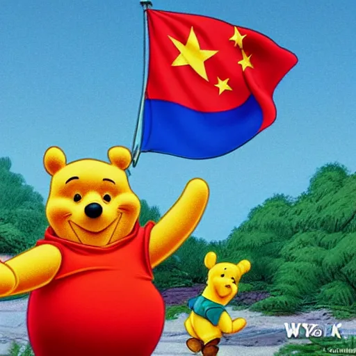 Prompt: winnie the pooh saluting the chinese flag, photorealistic