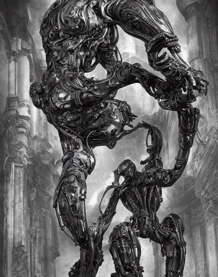 Image similar to engineer prometheus, xenomorph alien, highly detailed, symmetrical long head, smooth marble surfaces, detailed ink illustration, raiden metal gear, cinematic smooth stone, deep aesthetic, concept art, post process, 4k, carved marble texture and silk cloth, latex skin, highly ornate intricate details, prometheus, evil, moody lighting, hr geiger, hayao miyazaki, indsutrial Steampunk