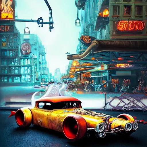 Image similar to detailed intricate digital illustration by greg rutkowski and artgerm and wlop and sanford robinson gifford ; rat fink style hotrod, ratrod dragster in city intersection ; 1 3 mm film, arri alfa anamorphic lens ; long exposure, sharp focus ; golden hour, trending on artstation 8 k