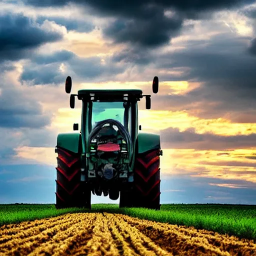 Prompt: tractor driving through field, sunset, ominous sky, beautiful photo, dslr photo, high detail, realism