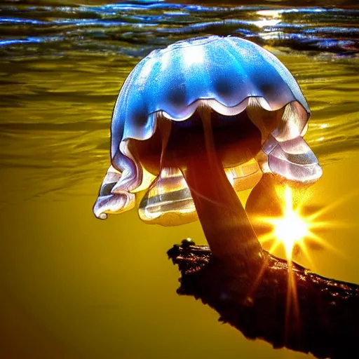 Prompt: jellyfish, mushroom, sun, water, forest