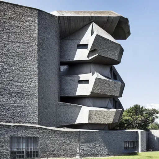 Image similar to a high tech brutalist castle built in brutalist architecture, wild unique building geometry, combination of sharp and rounded elements, photography