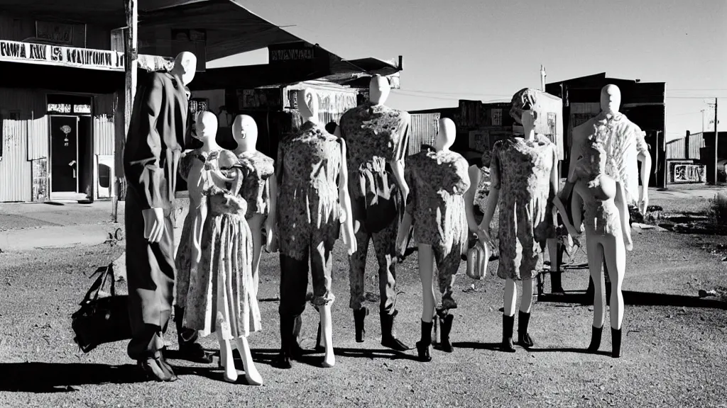 Image similar to Doomtown nuclear town, mannequin family dressed in late 50\'s clothing, eerie, dystopian, grain film