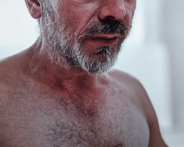 Image similar to mr robert smoke weed and meditate, he has dark grey hairs, detailed glad face, muscular chest, visible belly, golden hour closeup photo, red elegant shirt, eyes wide open, ymmm and that smell