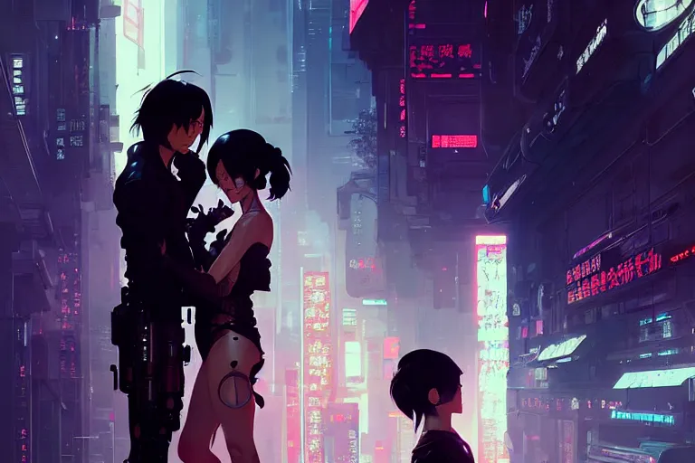 Prompt: hyper - realistic cinematic shot of cyberpunk romantic couple, extreme detail, in style of pan ren wei, yoji shinkawa, atey ghailan, ilya kuvshinov, by greg rutkowski, by greg tocchini, by james gilleard, by joe fenton, by kaethe butcher, grunge aesthetic