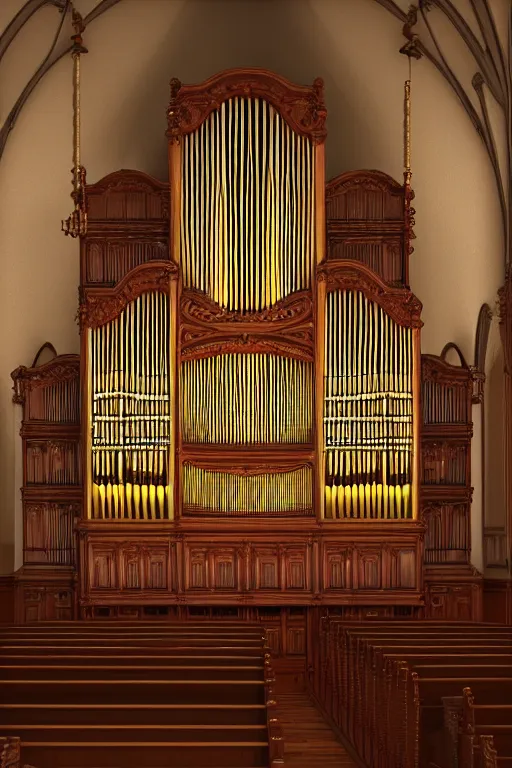 Image similar to a detailed render of an isolated lonely pipe organ in a church, with large golden pipes, trending on artstation, render, 3 d, octane, 4 k, 8 k, unreal engine, cinema 4 d