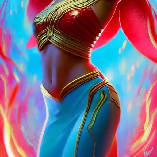 Image similar to pia wurtzbach as darna, volumetric lights, red and cyan theme, art nouveau botanicals, intricate, highly detailed, digital painting, artstation, concept art, smooth, sharp focus, cinematic, illustration, beautiful face, art by artgerm and greg rutkowski and alphonse mucha