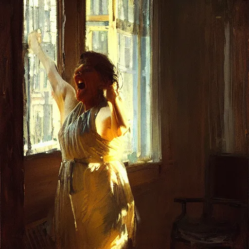Prompt: portrait of a screaming person, in soft window light, golden hour, by jeremy mann, anders zorn.