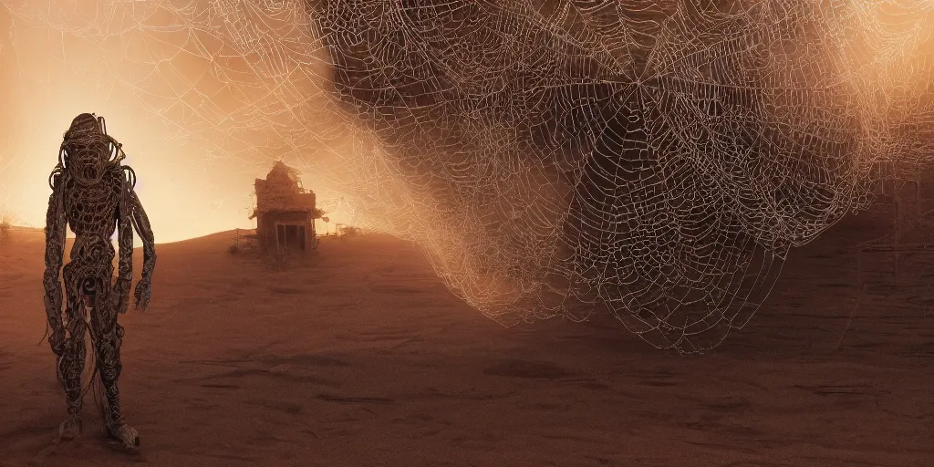 Image similar to A George Miller film, an ornate real character made out of intricate metallic filament webs and Endocrine system built out of dust and light, floating in the desert night, hyper-realism, very detailed feel, rendered in Octane, tiny points of light, caustic, 4k, beautiful lighting