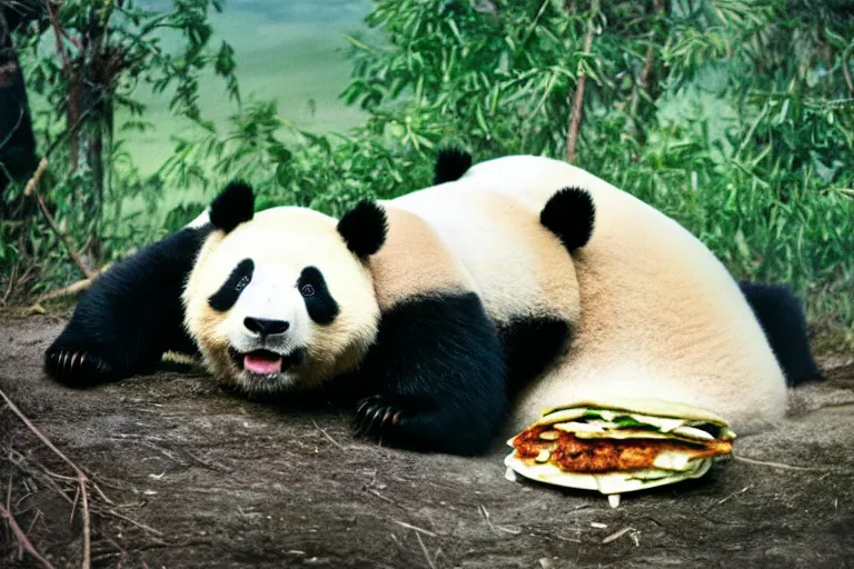 Image similar to a photo of a giant mutant panda quesadilla in its natural habitat, kodak ektachrome e 1 0 0 photography