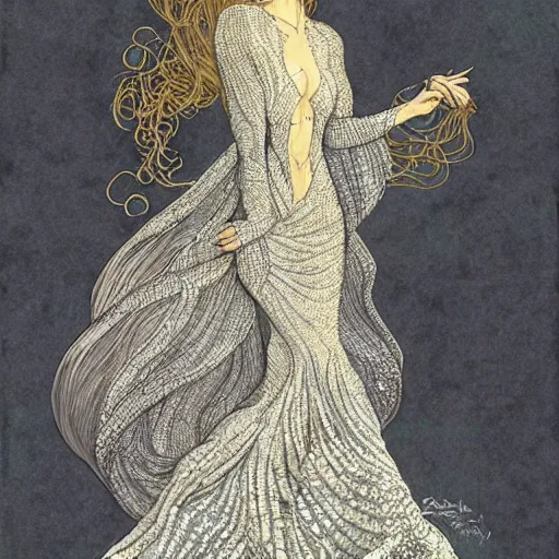 Image similar to woman wearing dress made of silver fish scales with long curly gold hair, art by Rebecca Guay, trending on artstation