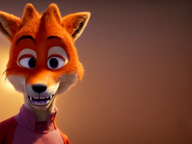 Image similar to a film still from pixar main character portrait anthro anthropomorphic fox head animal person fursona nick wilde pixar and disney animation, sharp, rendered in unreal engine 5, anime key art by greg rutkowski, bloom, dramatic lighting chaotic cursed multiple pupils texture disaster bad modeling beginner render