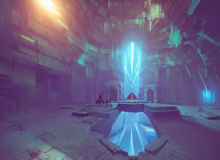 Prompt: An illustration of an underground temple with light shining in through the surface by Beeple ,trending on artstation