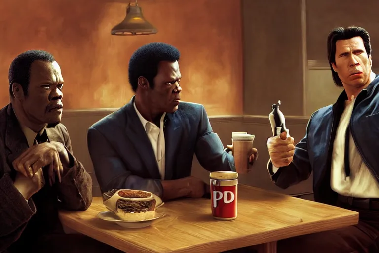 Image similar to painting pulp fiction movie highly detailed full - body samuel l jackson and john travolta posing in cafe, perfect symmetrical eyes, by eddie mendoza and tyler edlin, 8 k resolution, digital art, hyper realistic