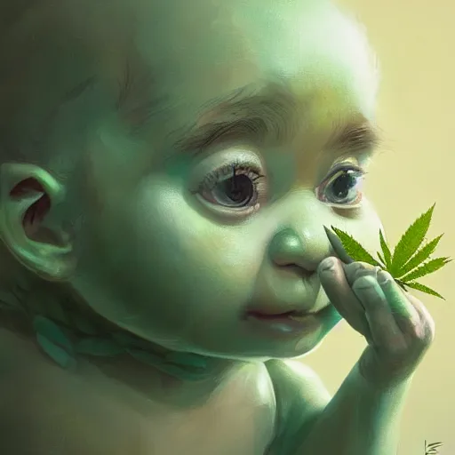 Prompt: a cute little baby made of hemp, with a head in the form of a cannabis bloom, like baby grut, green skin, character, art by james jean and greg rutkowski!!, realistic face, digital art, chibi style, golden ratio, perfect composition, trending on artstation, 8 k