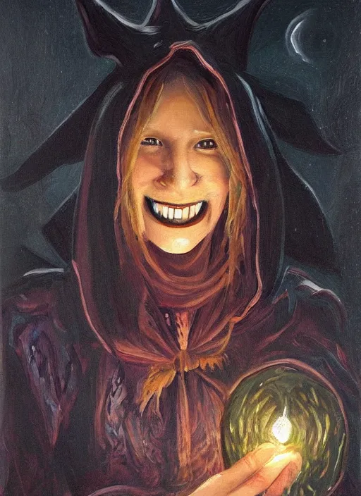 Prompt: a painting of portrait of a smiling wickedly witch with an hood by night, light from bottom, dark fantasy