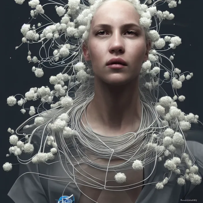 Image similar to hyperrealist portrait of a 2 0 4 4 space sport engineer, it is decorated with long white wires and white flowers that fall like vines and wears a huge computer crown by roberto ferri, fantasy art, photo realistic, dynamic lighting, unreal engine rendered, artstation, poster, dramatic light, very detailed faces, - 8 k, award winning