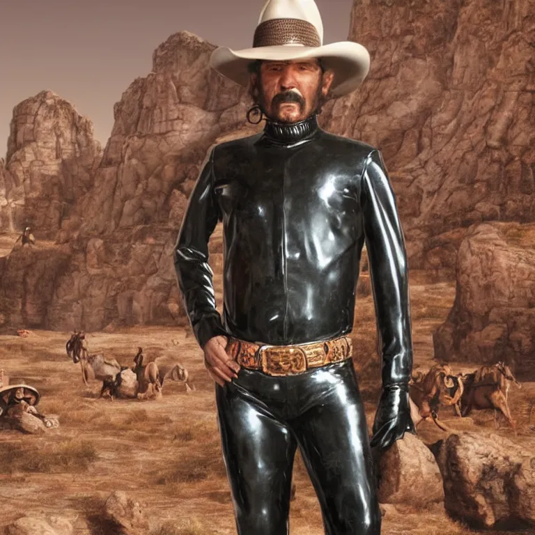 Image similar to 1 9 7 0's spaghetti western film octane render portrait by wayne barlow and carlo crivelli and glenn fabry, a man wearing a shiny black latex suit and cowboy hat covered in colorful slime, standing in a scenic western landscape, cinema 4 d, ray traced lighting, very short depth of field, bokeh