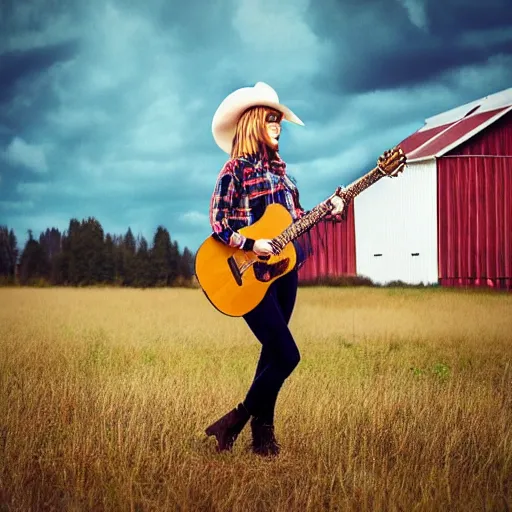 Image similar to a female fluffy fox animal, wearing cowboy hat, wearing plaid shirt, playing guitar, in a field, barn in background, album cover style