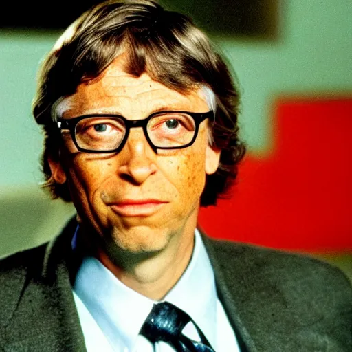 Image similar to a film still of Bill Gates turning slowly into a fly from the movie The Fly, promotional photo