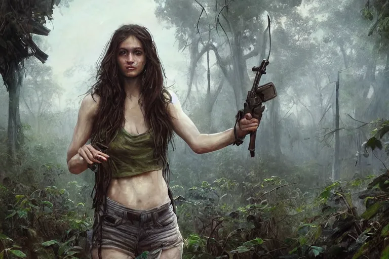 Prompt: artstation concept of a beautiful adventurous girl holding a machine pistol, sweaty skin, symmetrical face, high body detail, ripped up field fatigues, torn open shirt, jungle background with ruins, vines, hyperdetailed, artstation trending, world renowned artists, worth1000.com, cgsociety, by greg rutkowski, by Gustave Doré, by Marco Turini, by Artgerm, Deviantart in the style of Tom Bagshaw, Cedric Peyravernay, Peter Mohrbacher