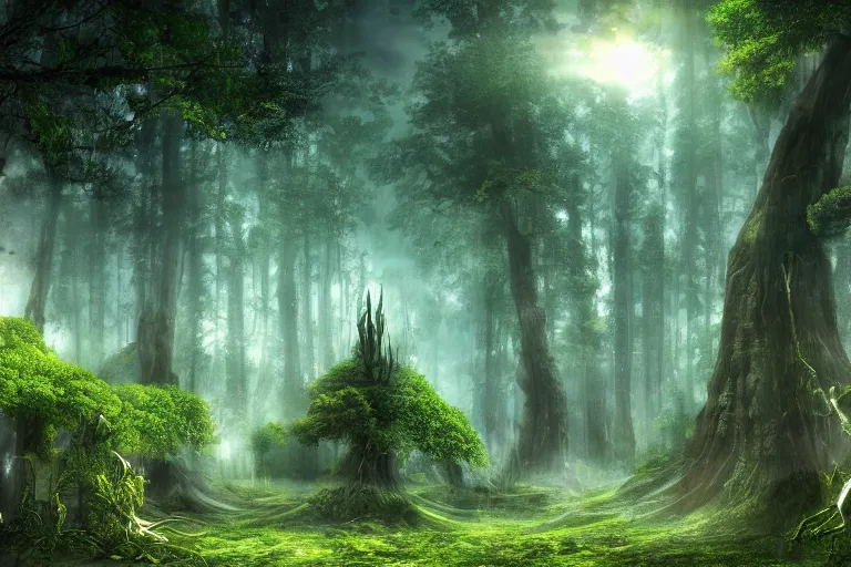 Prompt: digitalblasphemy digital blasphemy wallpaper render of an alien forest imaginative dreamworld expansive landscape