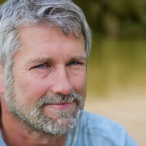 Image similar to portrait of 5 3 year old white male, blue eyes, greying hair, thinking back to his childhood days of spending summer vacations fishing on lake simard in mofett quebec, 4 k