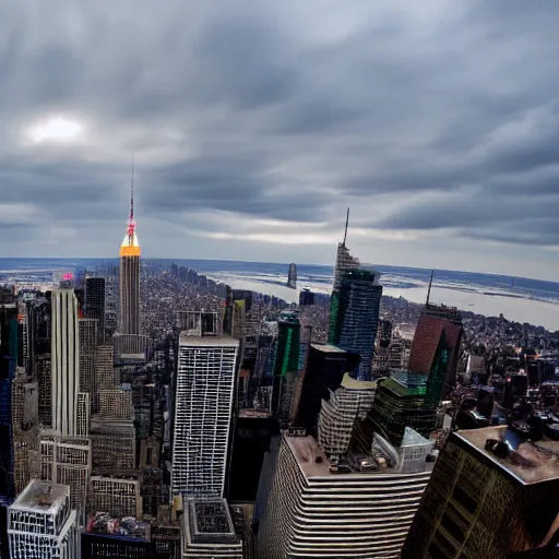 Prompt: saurons eye on top of the empire state building, cinematic, wide angle lens 8 k