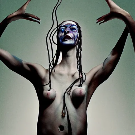 Prompt: A beautiful art installation of a human figure. The figure is shown in a contorted state, with their limbs and torso twisted in a seemingly impossible way. The figure is also shown with a number of facial piercings, and their eyes are rolled back in their head, giving them a wild and maniacal appearance. blue-green, jet black by Stephan Martinière, by Jan van Eyck tender