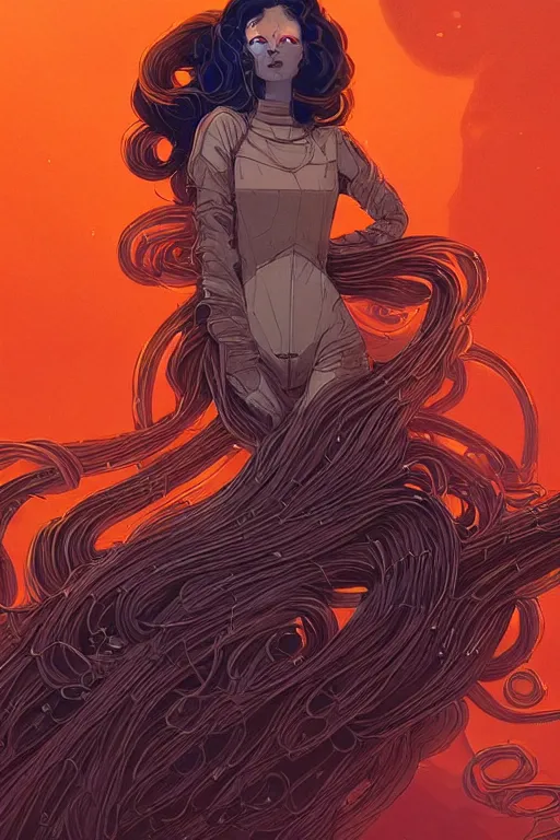 Prompt: a fancy portrait of sci - fi long curly blue haired lady, stray wiring by atey ghailan, james gilleard, by joe fenton, by greg rutkowski, by greg tocchini, by kaethe butcher, 4 k resolution, gradient red, orange, black and white color scheme!!! ( ( nebula dystopian city spiral background ) )