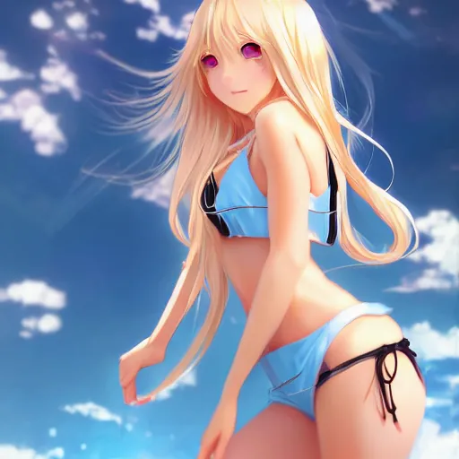 Prompt: a very beautiful young anime giantess, full body, standing in time square, long wavy blond hair, sky blue eyes, full round face,, bikini, miniskirt, front view, mid - shot, highly detailed, cinematic wallpaper by stanley artgerm lau