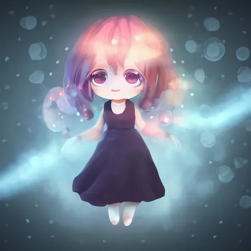 Image similar to cute fumo plush girl gazing into a crystal ball swirling with strange energy, smoke and volumetric fog, lens flare glow, chibi, vray