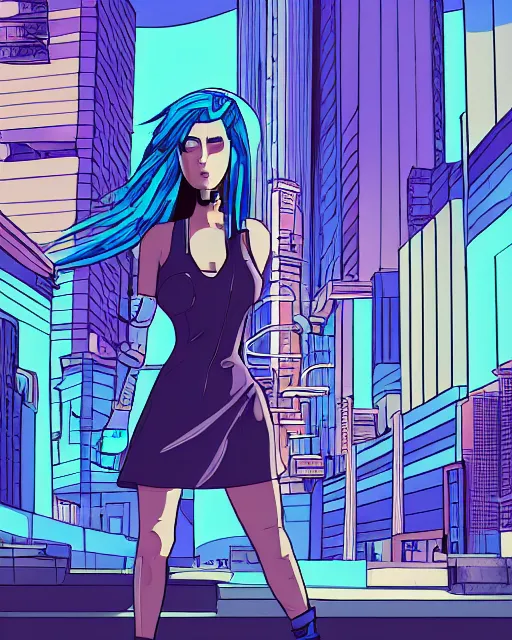 Image similar to cel shaded art of a pretty blue haired girl wearing a dress, cyberpunk city street background