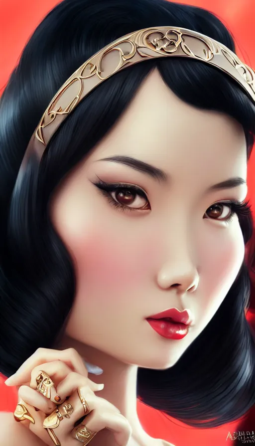 Image similar to a pin up and beautiful fashion and charming and dreamlke asian girl with lv jewelry, medium shot, art by artgerm & ross tran & wlop, hyperdetailed, 8 k realistic, symmetrical, frostbite 3 engine, cryengine, dof, trending on artstation, digital art