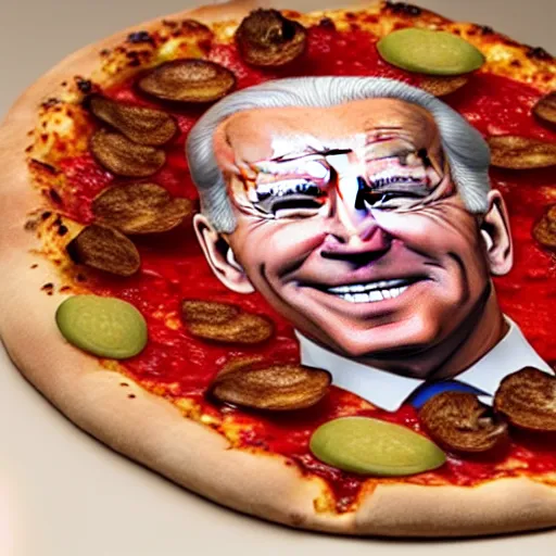 Prompt: photo of Joe Biden's face perfectly imprinted on a pizza, 8k, amazing details, octane render