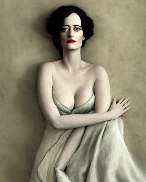 Prompt: portrait en buste of eva green in repose vesper lynd in repose vannessa ives in repose by Hughes Merle, perfectly detailed eyes, realistic fabric, abundant detail