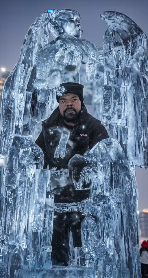 Image similar to dramatic photo, full body statue of rapper'ice cube'frozen in ice at harbin ice festival, full body, wide angle photo, award winning, aurora borealis