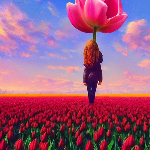 Prompt: large tulip face, girl standing in a flower field, surreal photography, sunrise dramatic light, impressionist painting, colorful clouds, digital painting, artstation, simon stalenhag