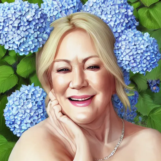 Image similar to 5 0 year old mildly overweight blonde woman, welcoming grin, wearing black, surrounded by hydrangeas, small white dog at her side, portrait, headshot, in the style of alexis franklin, thomas river, ross tran, wlop, artgerm, detailed, high quality